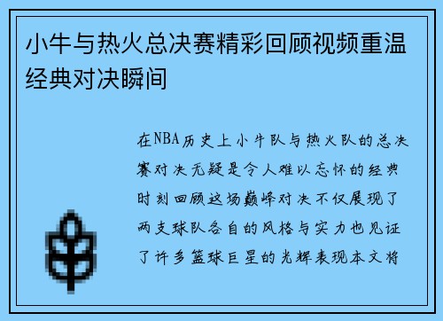 小牛与热火总决赛精彩回顾视频重温经典对决瞬间